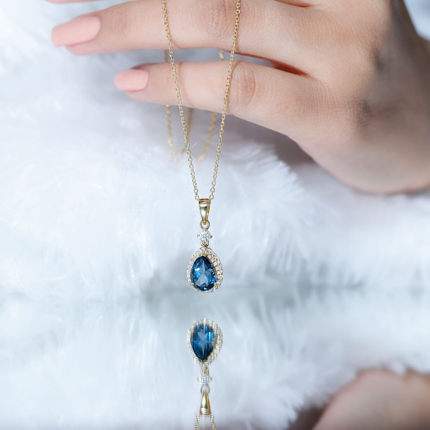 Certified London Blue Topaz Teardrop Necklace with Moissanite Halo