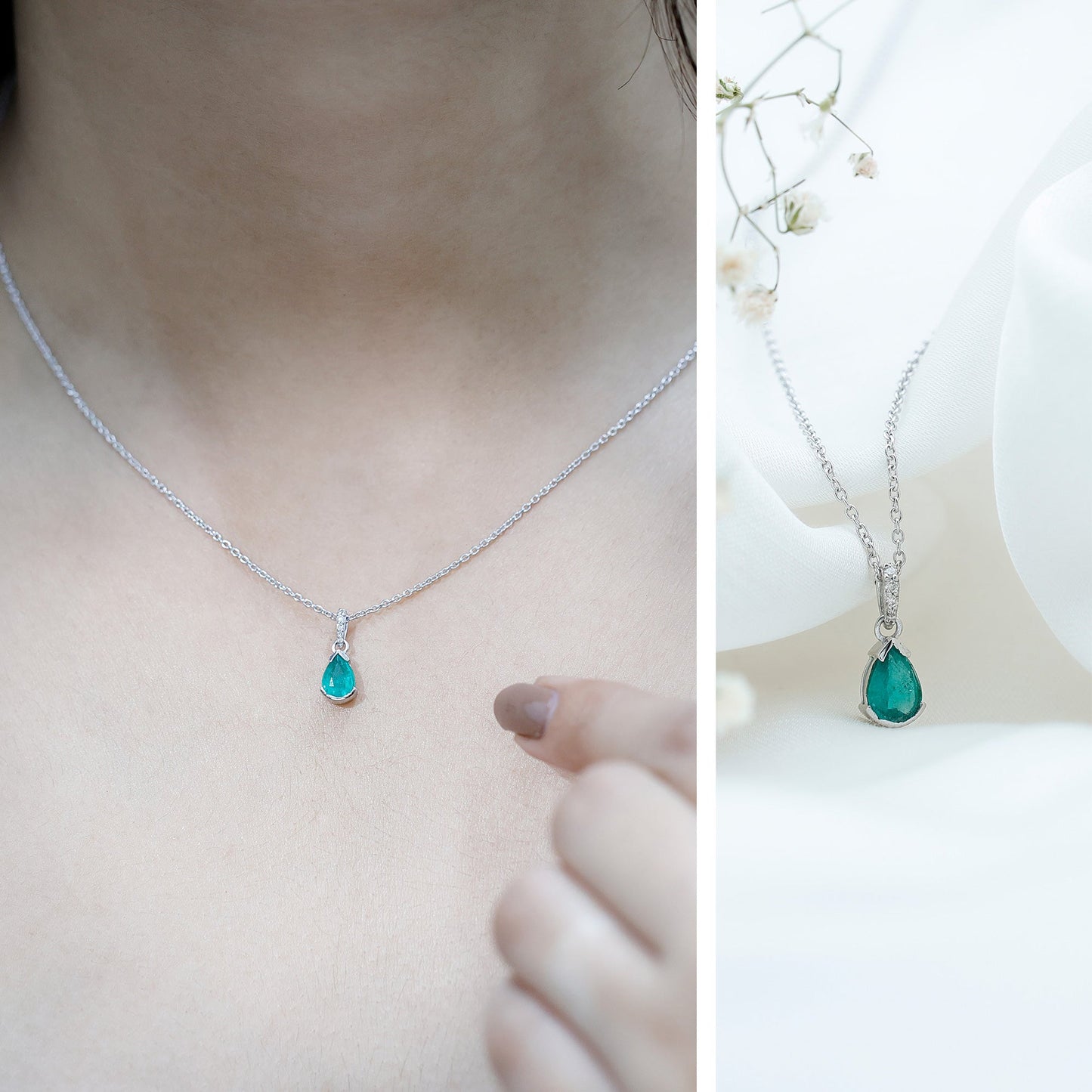 Pear Cut Emerald Solitaire Pendant with Diamond Accent Bail