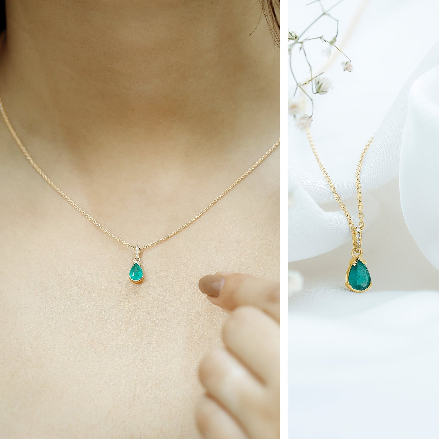 Pear Cut Emerald Solitaire Pendant with Diamond Accent Bail