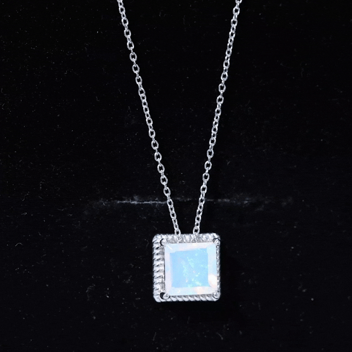 2 Carat Princess Cut Ethiopian Opal Solitaire Necklace with Rope Frame