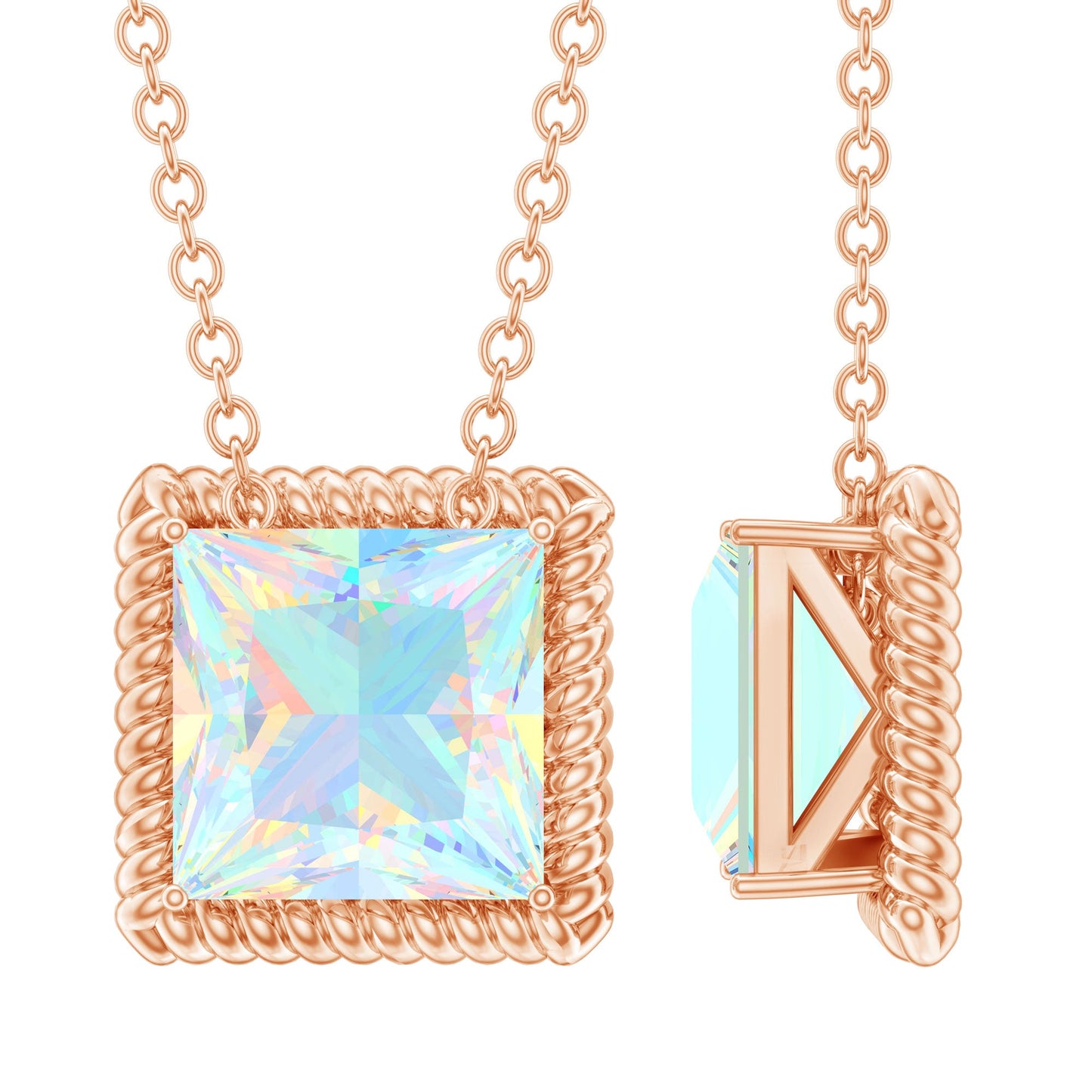 2 Carat Princess Cut Ethiopian Opal Solitaire Necklace with Rope Frame