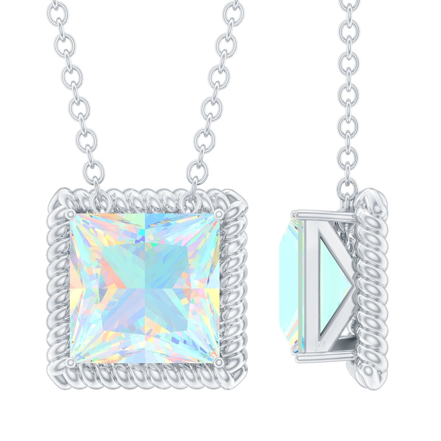 2 Carat Princess Cut Ethiopian Opal Solitaire Necklace with Rope Frame