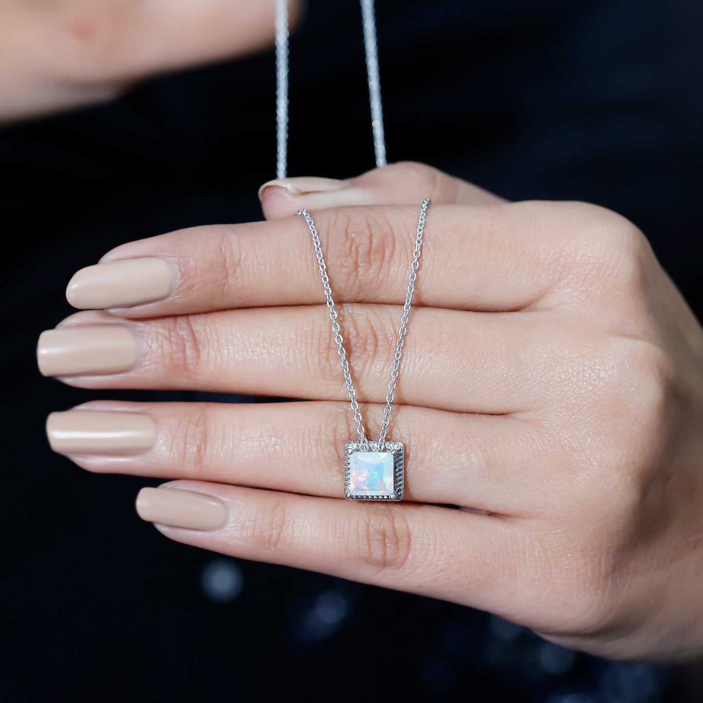 2 Carat Princess Cut Ethiopian Opal Solitaire Necklace with Rope Frame