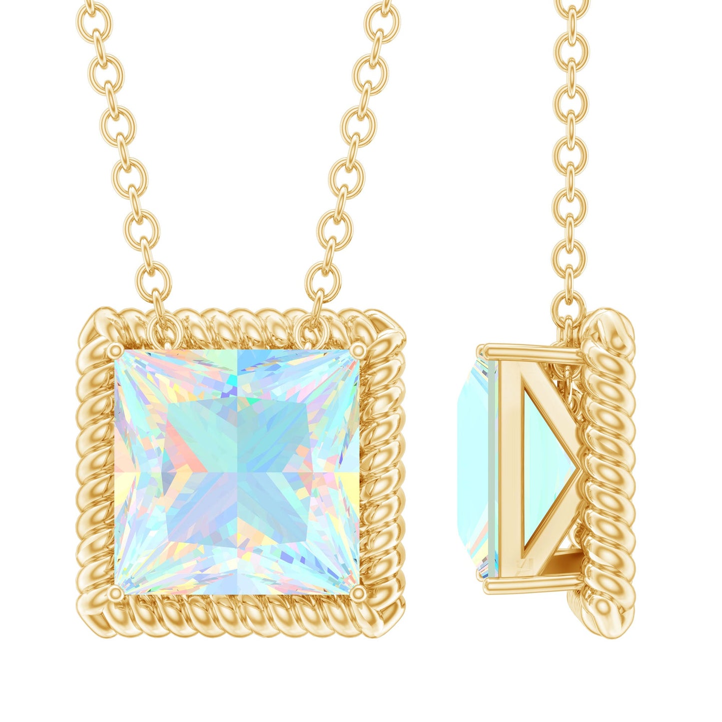 2 Carat Princess Cut Ethiopian Opal Solitaire Necklace with Rope Frame
