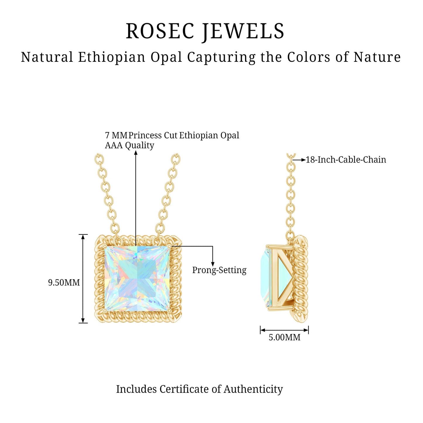 2 Carat Princess Cut Ethiopian Opal Solitaire Necklace with Rope Frame