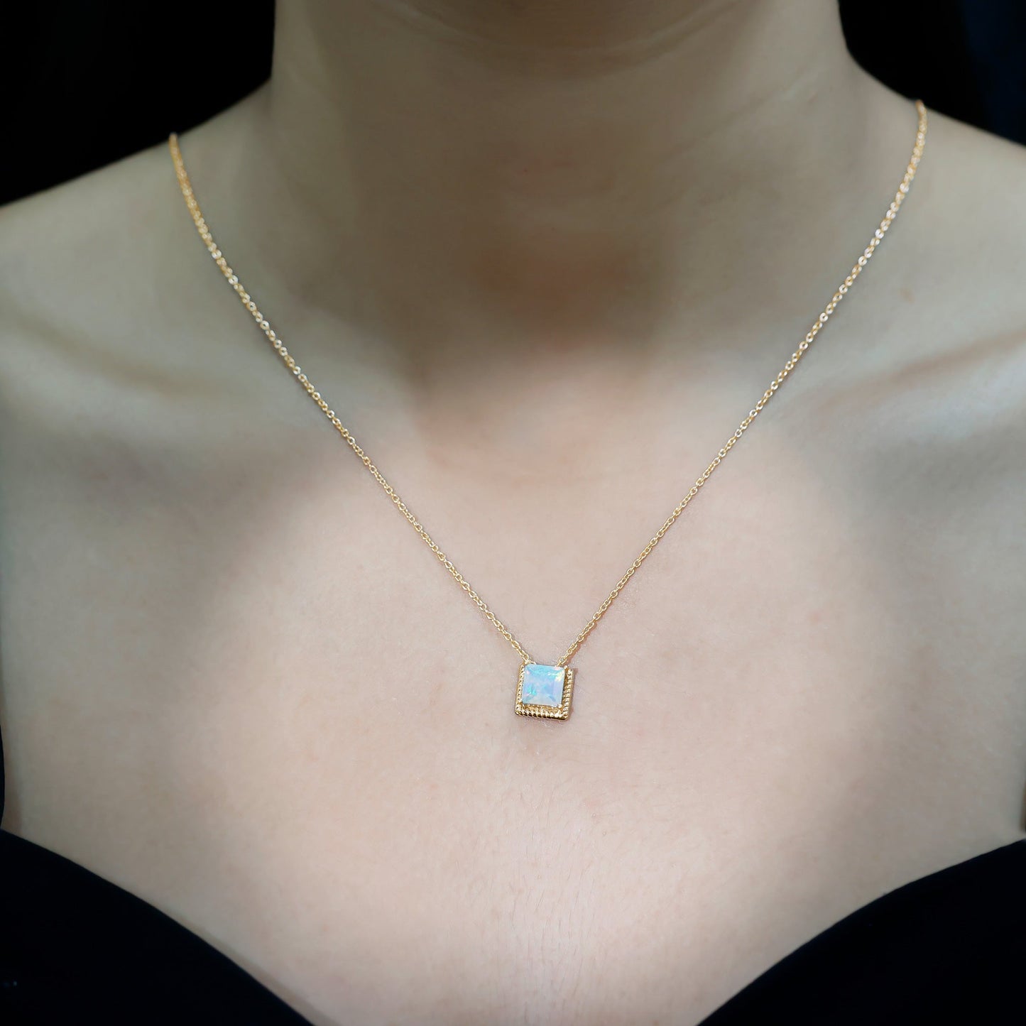 2 Carat Princess Cut Ethiopian Opal Solitaire Necklace with Rope Frame