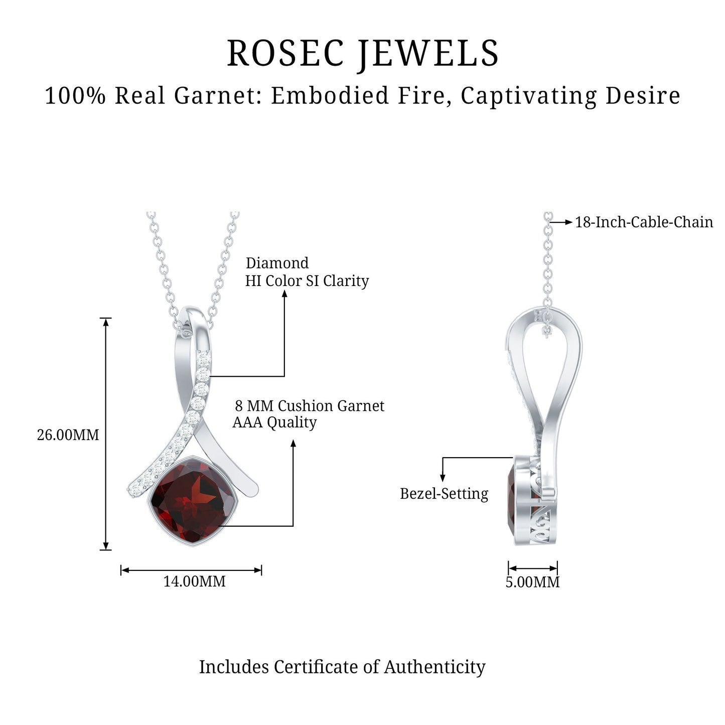 3.2 Carat Cushion Cut Garnet Solitaire Pendant with Diamond Twisted Bail