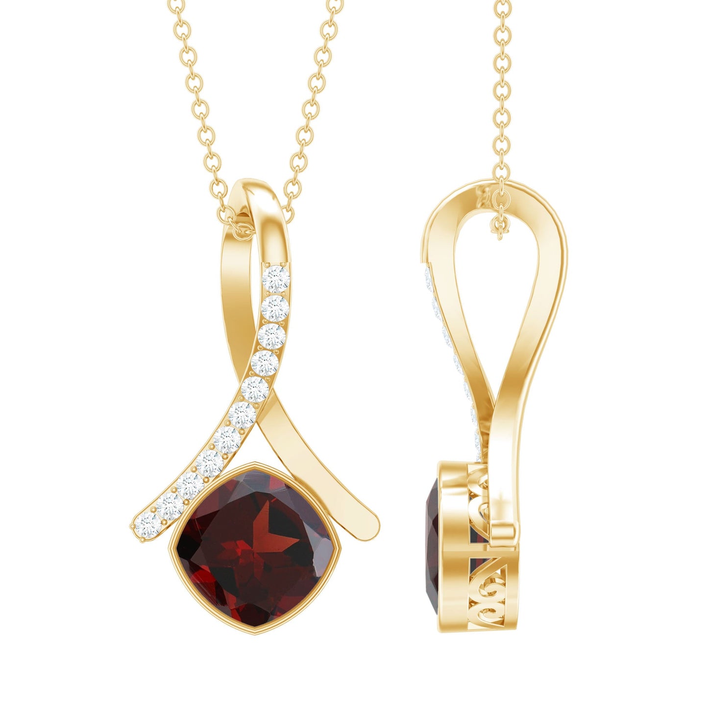 3.2 Carat Cushion Cut Garnet Solitaire Pendant with Diamond Twisted Bail