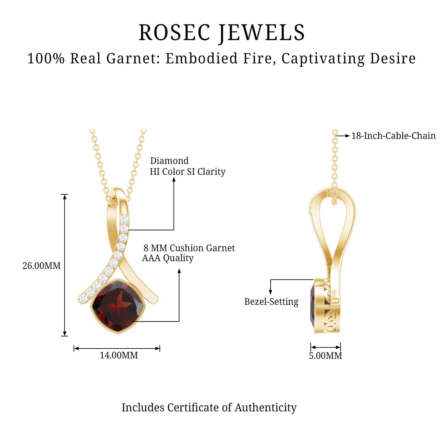 3.2 Carat Cushion Cut Garnet Solitaire Pendant with Diamond Twisted Bail
