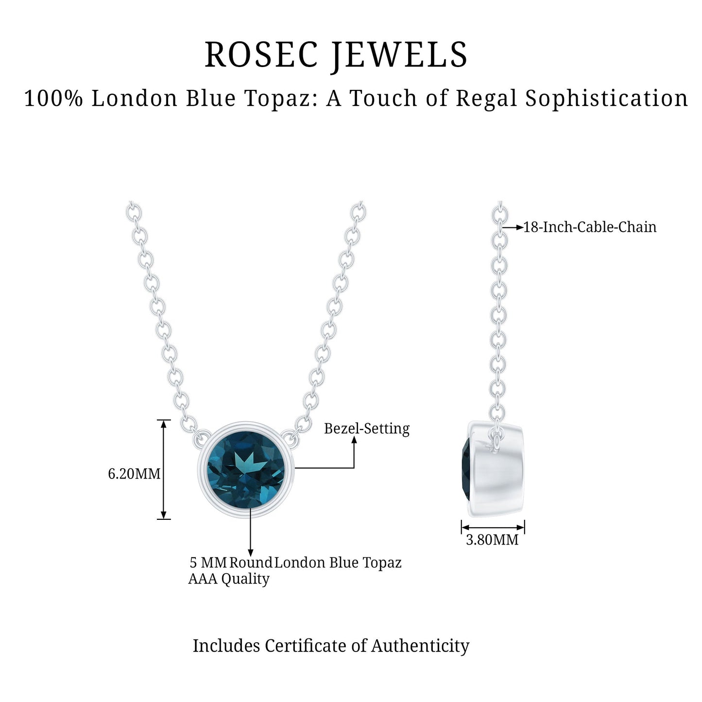 0.6 Carat Round London Blue Topaz Solitaire Necklace in Bezel Setting