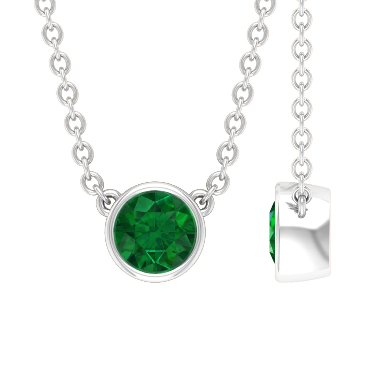 0.4 Carat Round Cut Emerald Solitaire Necklace in Bezel Setting