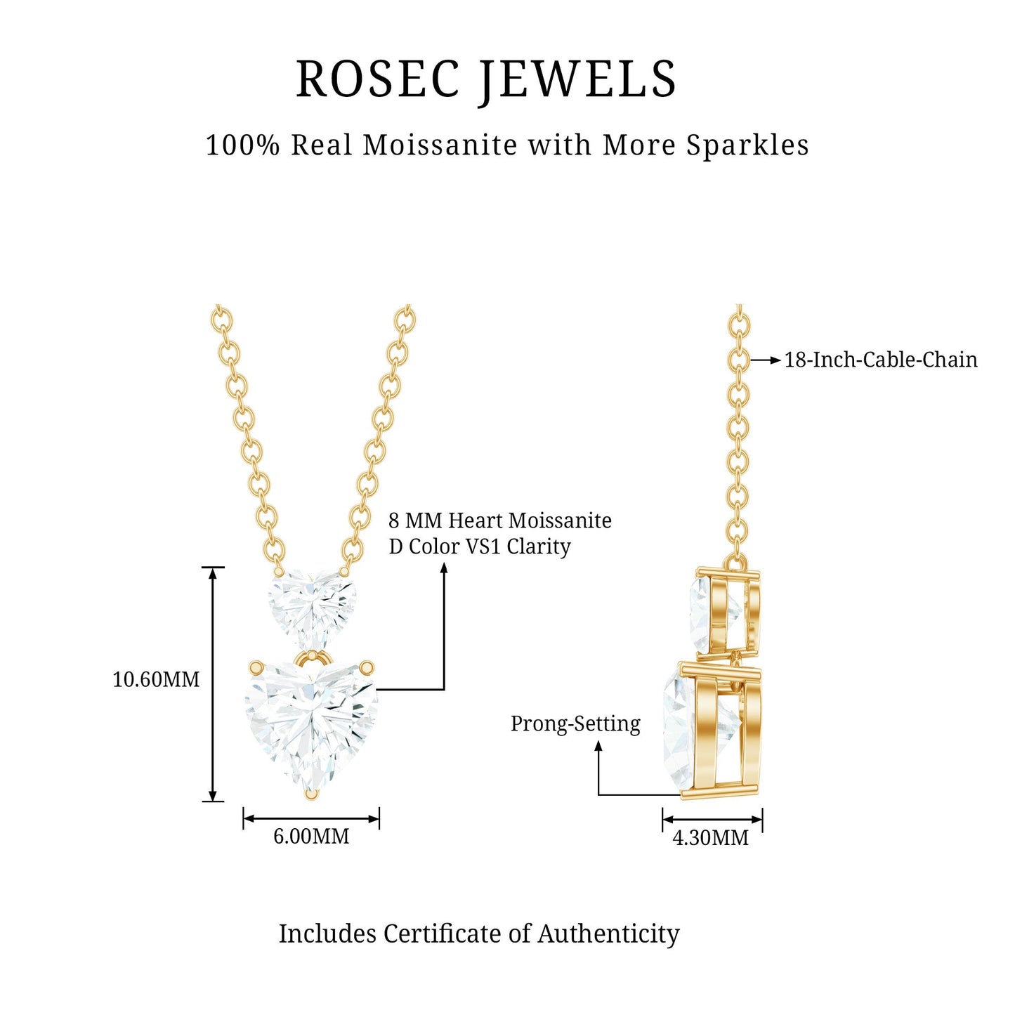Certified Moissanite Double Heart Necklace in Prong Setting