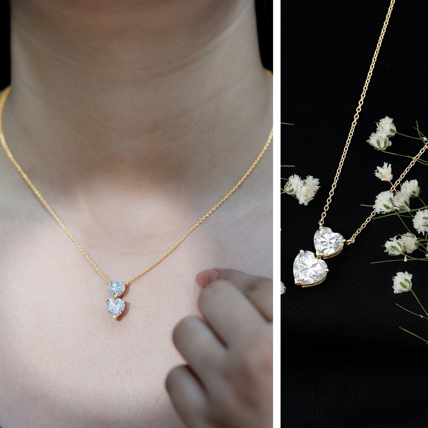 Certified Moissanite Double Heart Necklace in Prong Setting