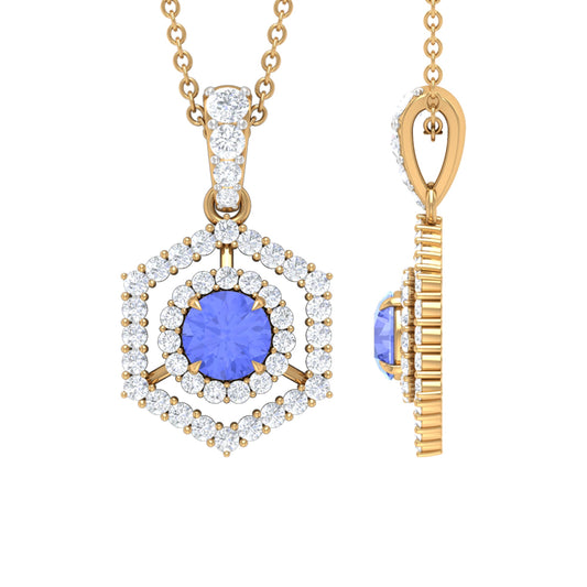 Tanzanite and Diamond Hexagon Pendant Necklace