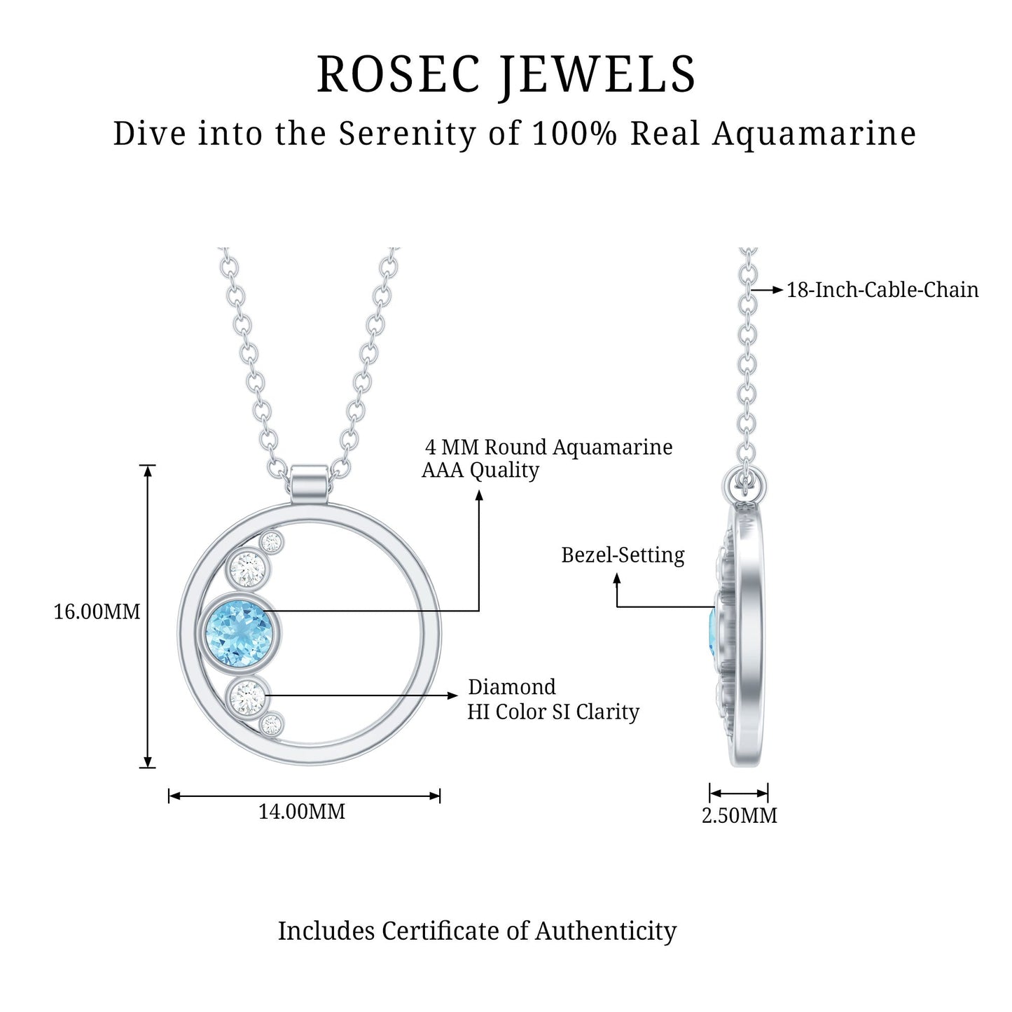 Natural Aquamarine Open Circle Pendant Necklace with Diamond