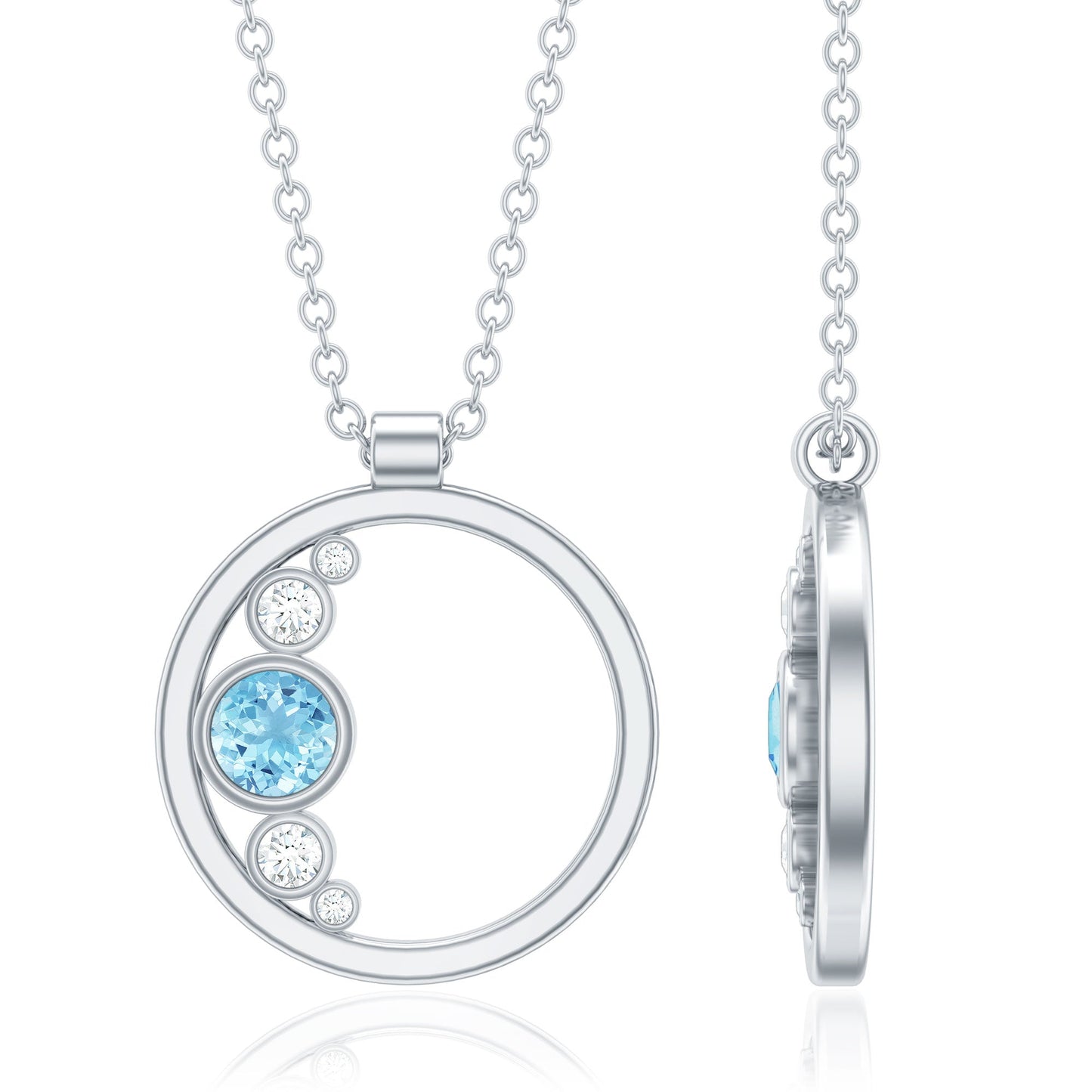 Natural Aquamarine Open Circle Pendant Necklace with Diamond