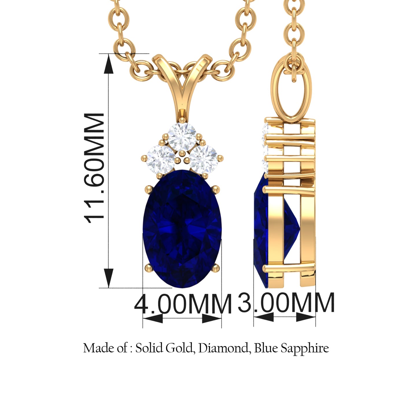 Natural 0.6 Carat Oval Blue Sapphire Pendant Necklace with Diamond Trio