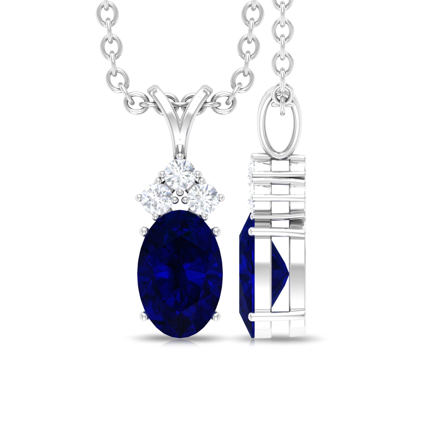 Natural 0.6 Carat Oval Blue Sapphire Pendant Necklace with Diamond Trio