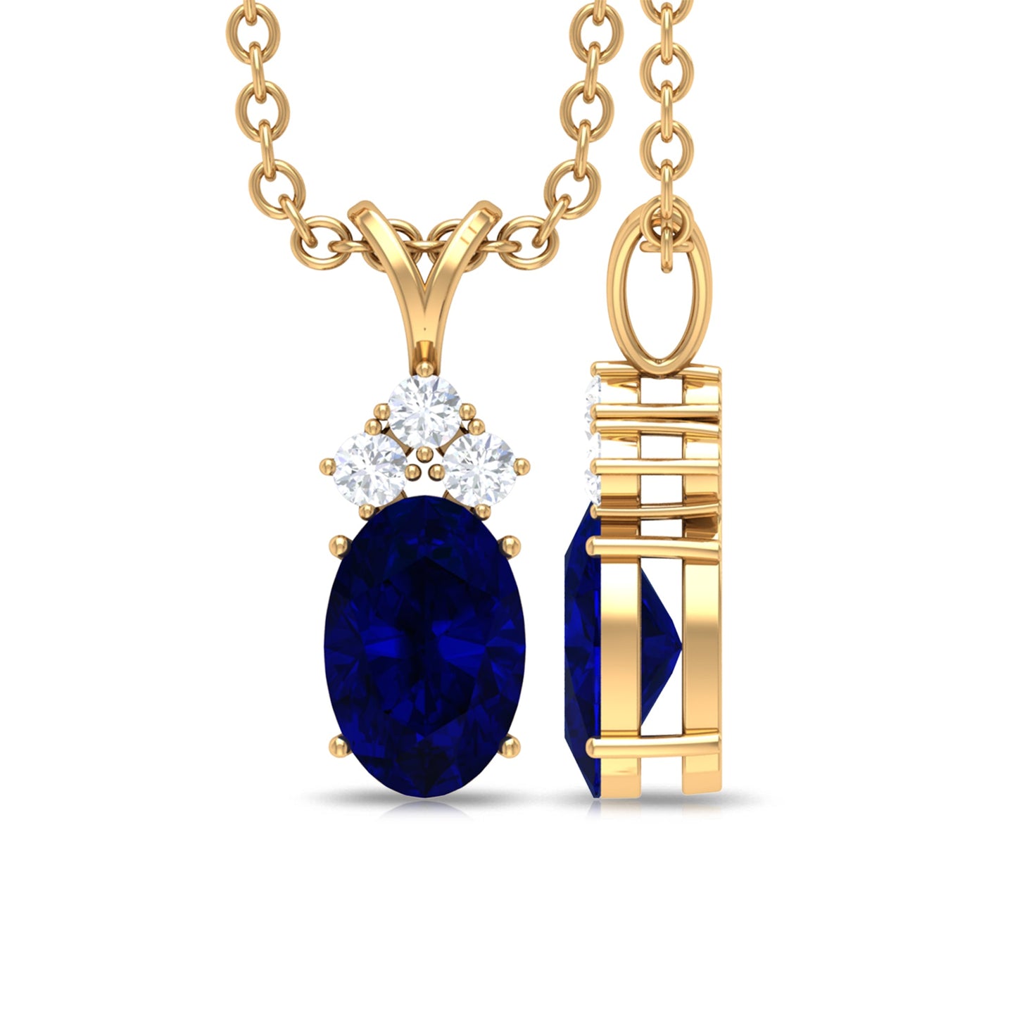 Natural 0.6 Carat Oval Blue Sapphire Pendant Necklace with Diamond Trio