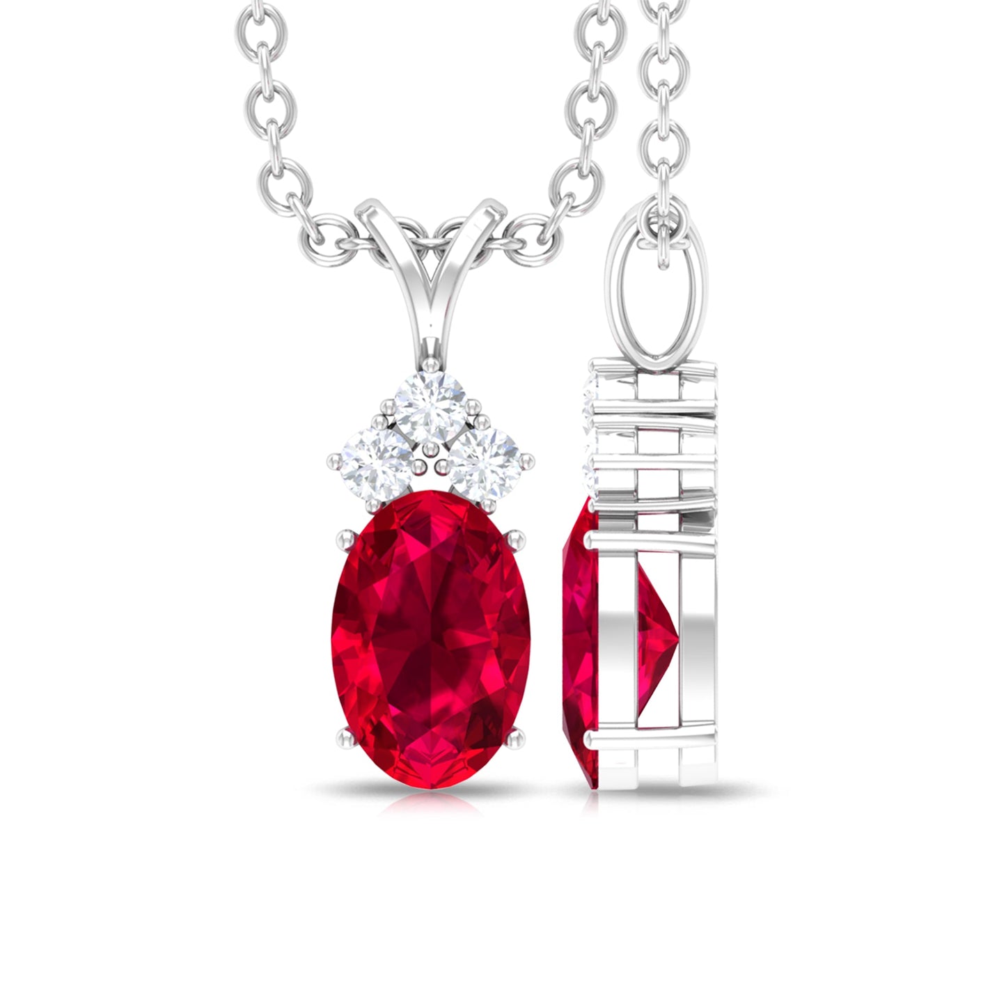 Oval Lab Created Ruby Pendant with Diamond trio