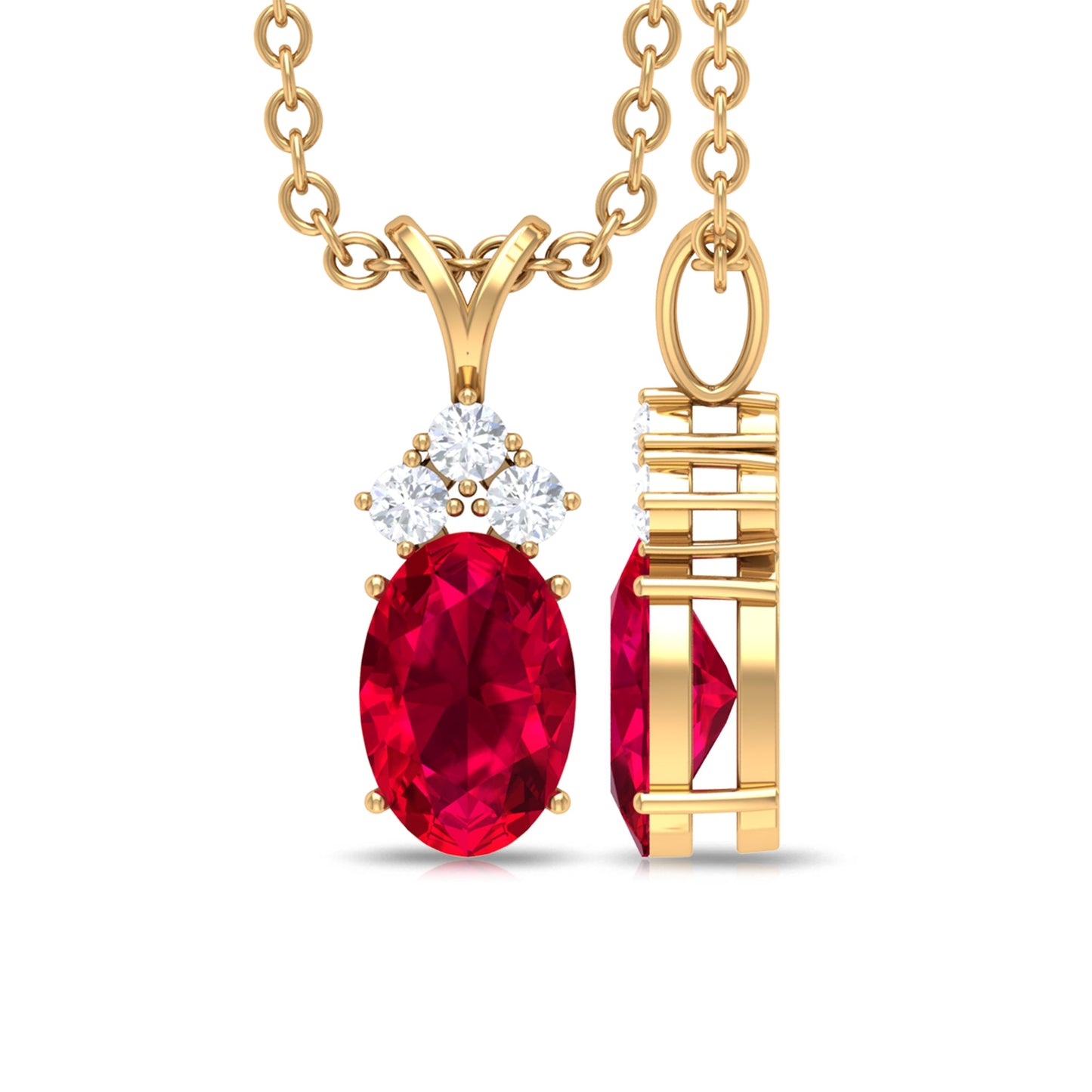 Oval Lab Created Ruby Pendant with Diamond trio