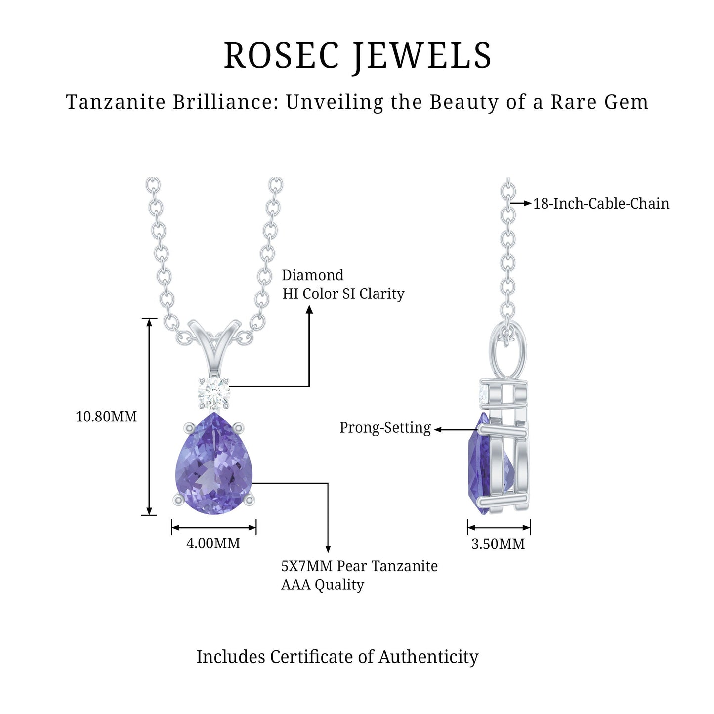 Real Tanzanite Teardrop Pendant Necklace with Diamond