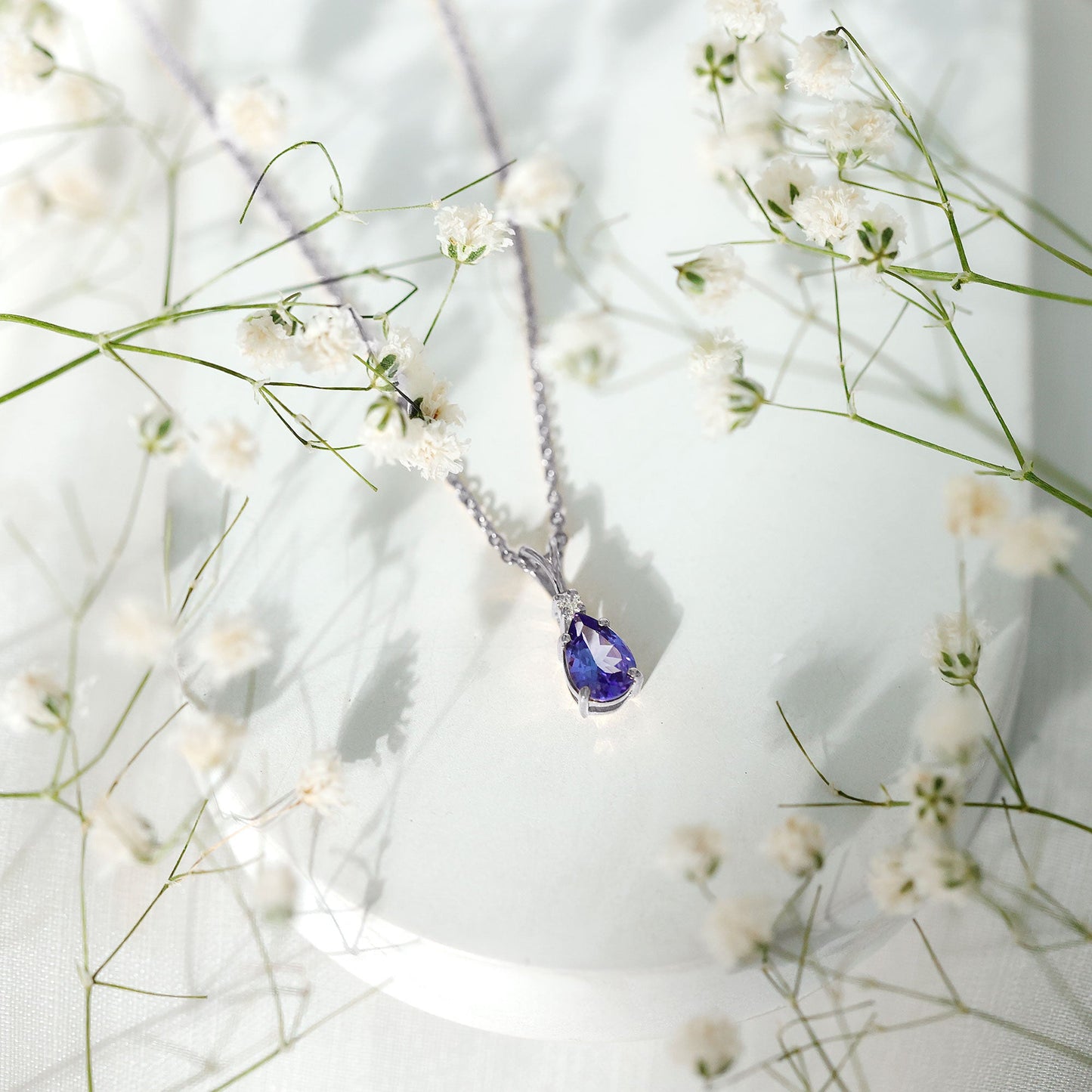 Real Tanzanite Teardrop Pendant Necklace with Diamond
