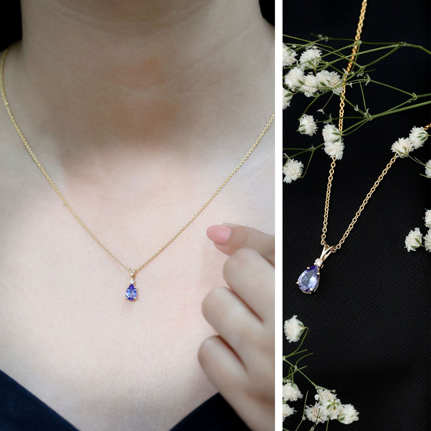 Real Tanzanite Teardrop Pendant Necklace with Diamond
