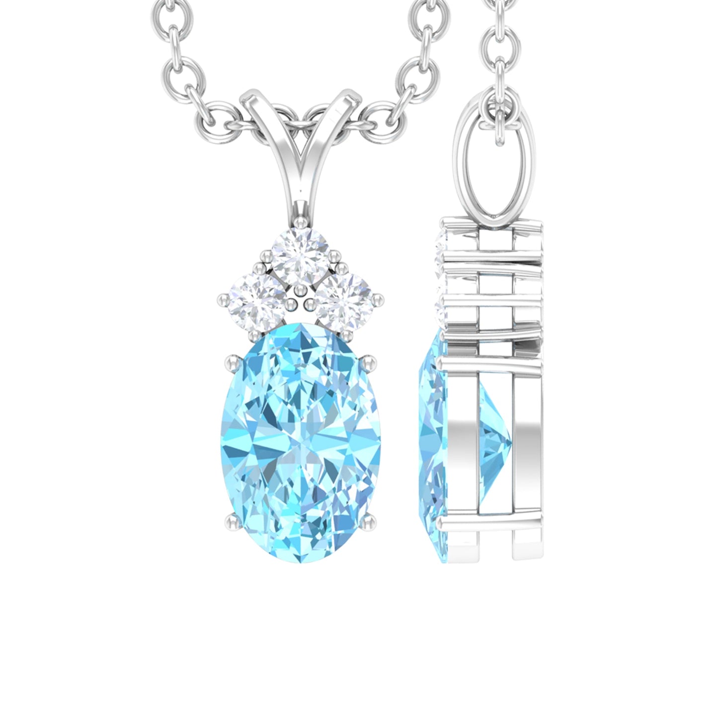 Real 1 Carat Oval Cut Aquamarine Pendant Necklace with Diamond Trio