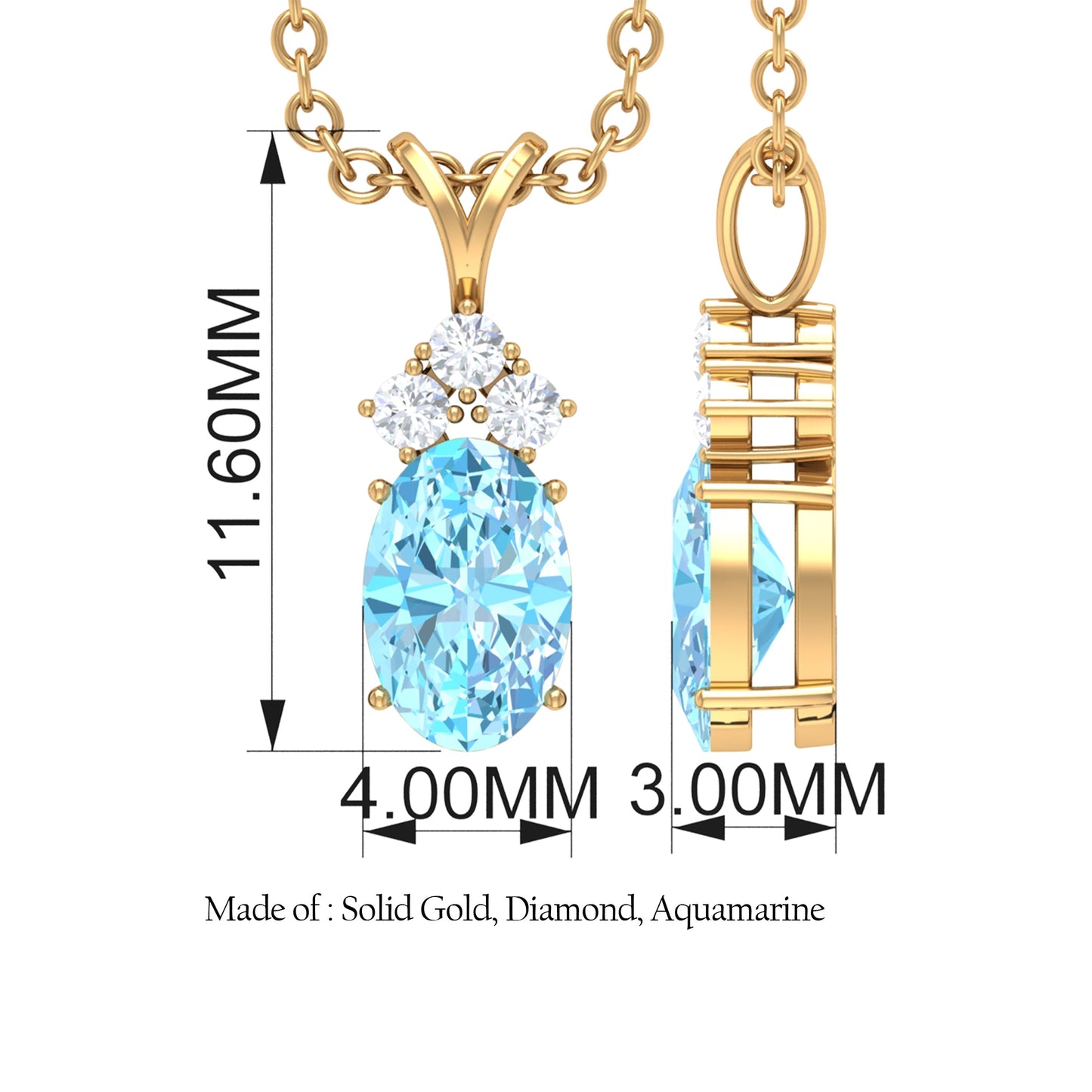 Real 1 Carat Oval Cut Aquamarine Pendant Necklace with Diamond Trio