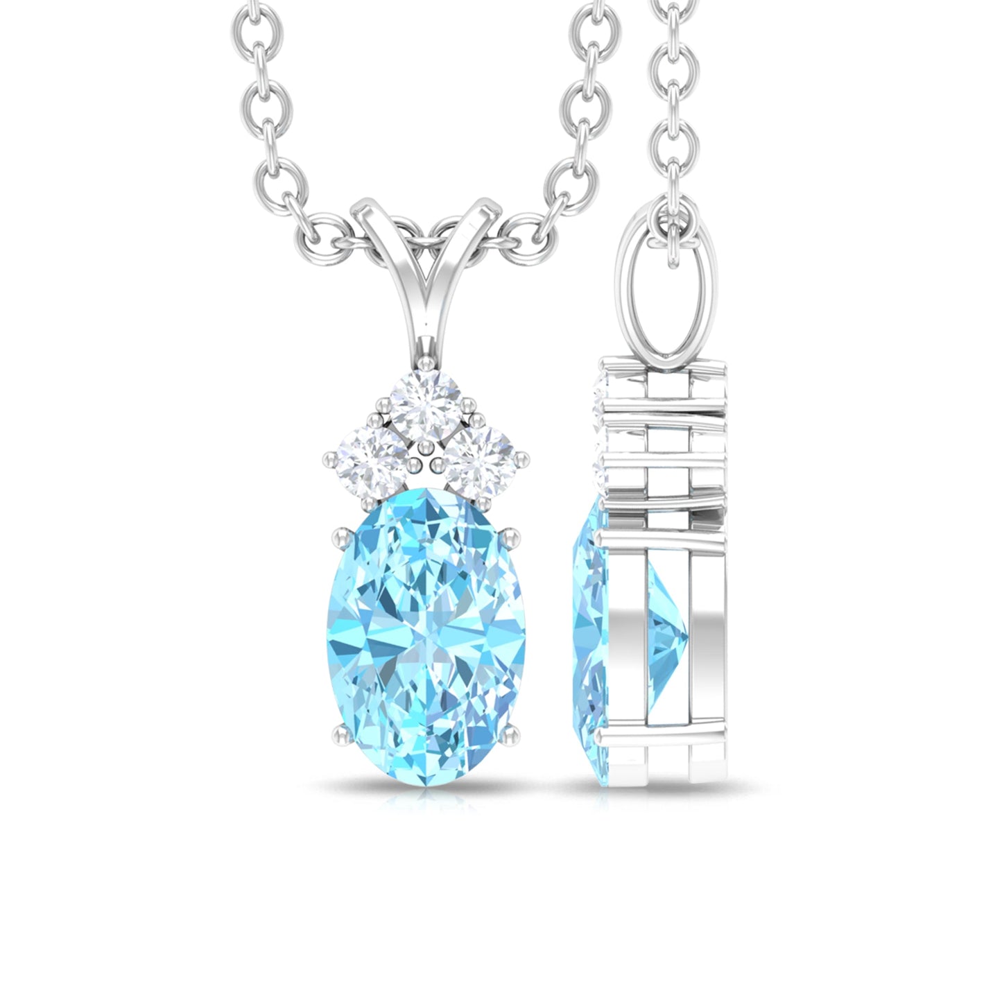 Real 1 Carat Oval Cut Aquamarine Pendant Necklace with Diamond Trio