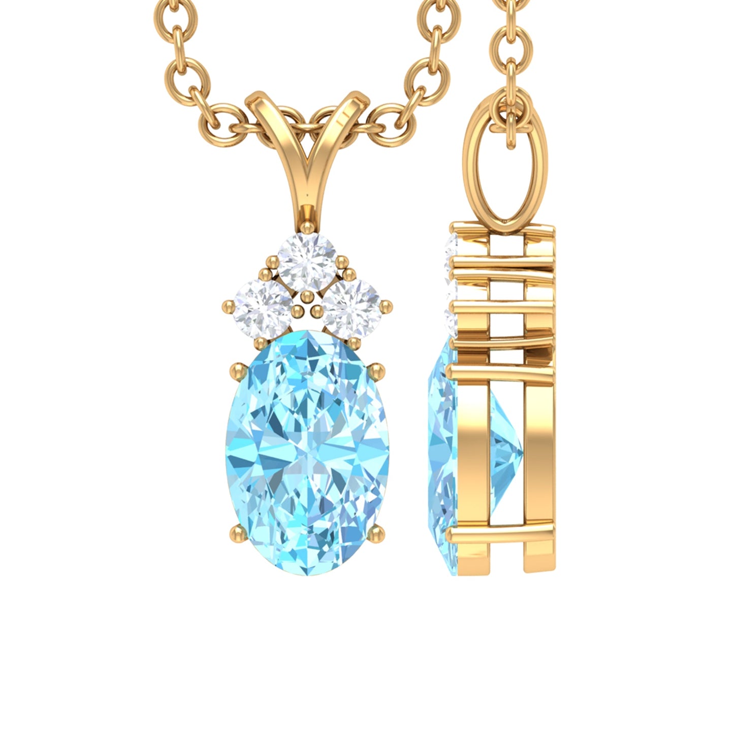 Real 1 Carat Oval Cut Aquamarine Pendant Necklace with Diamond Trio