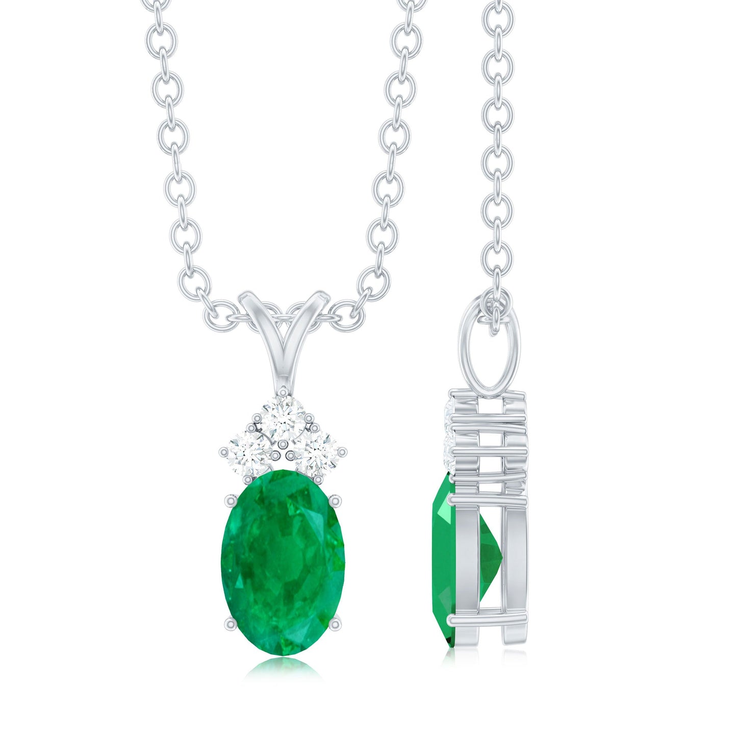 Natural Oval Emerald Pendant Necklace with Diamond Trio