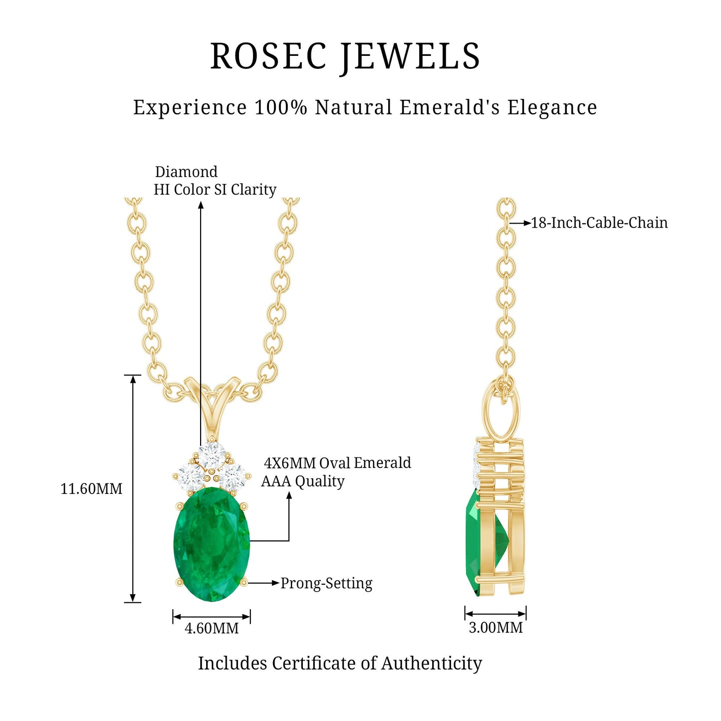Natural Oval Emerald Pendant Necklace with Diamond Trio