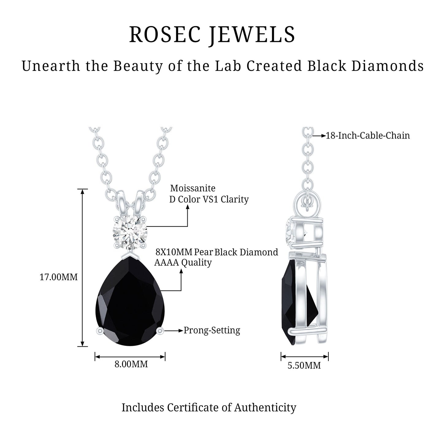 4.8 Carat Lab Created Black and White Diamond Teardrop Necklace