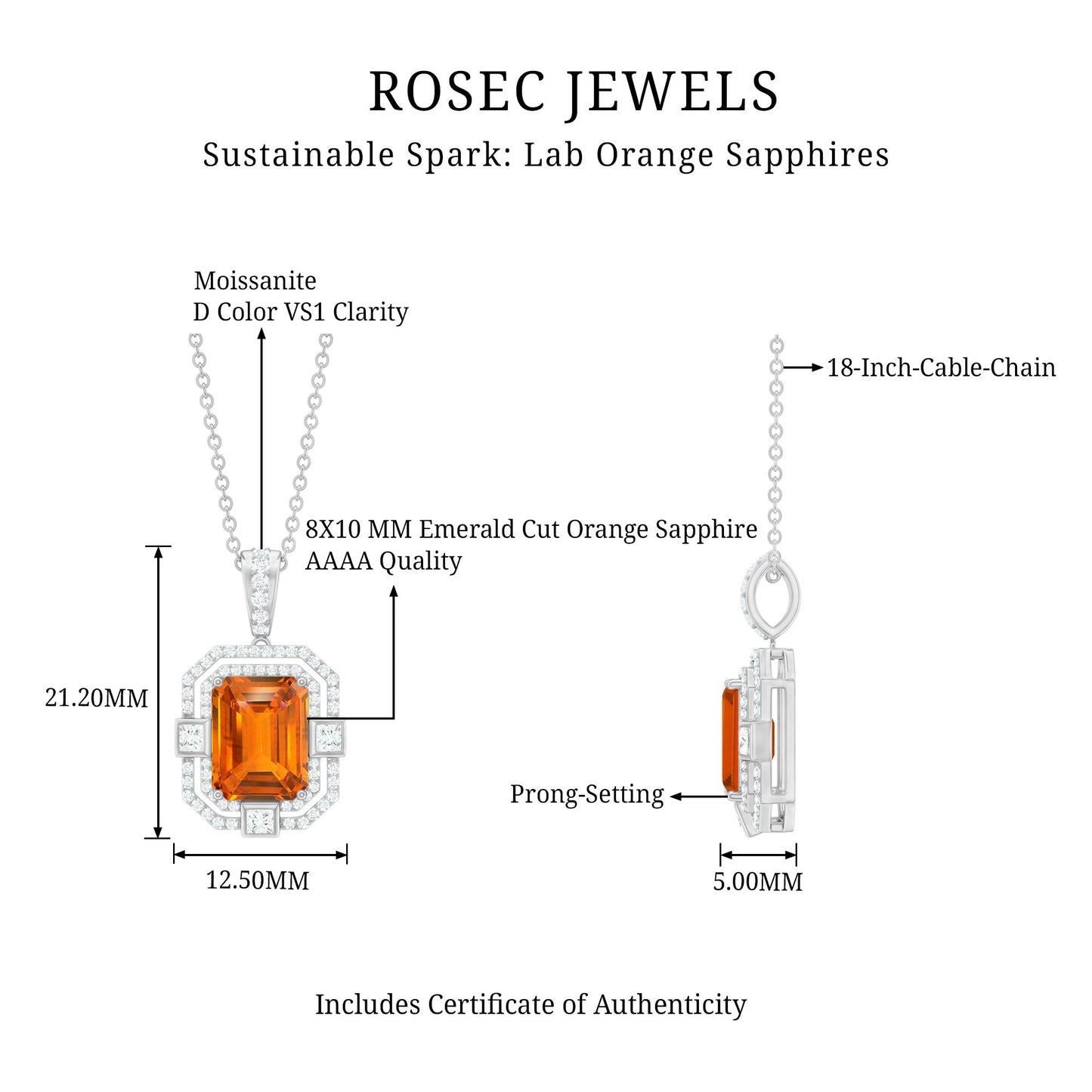 Vintage Inspired 2.7 Carat Emerald Cut Created Orange Sapphire Wedding Necklace