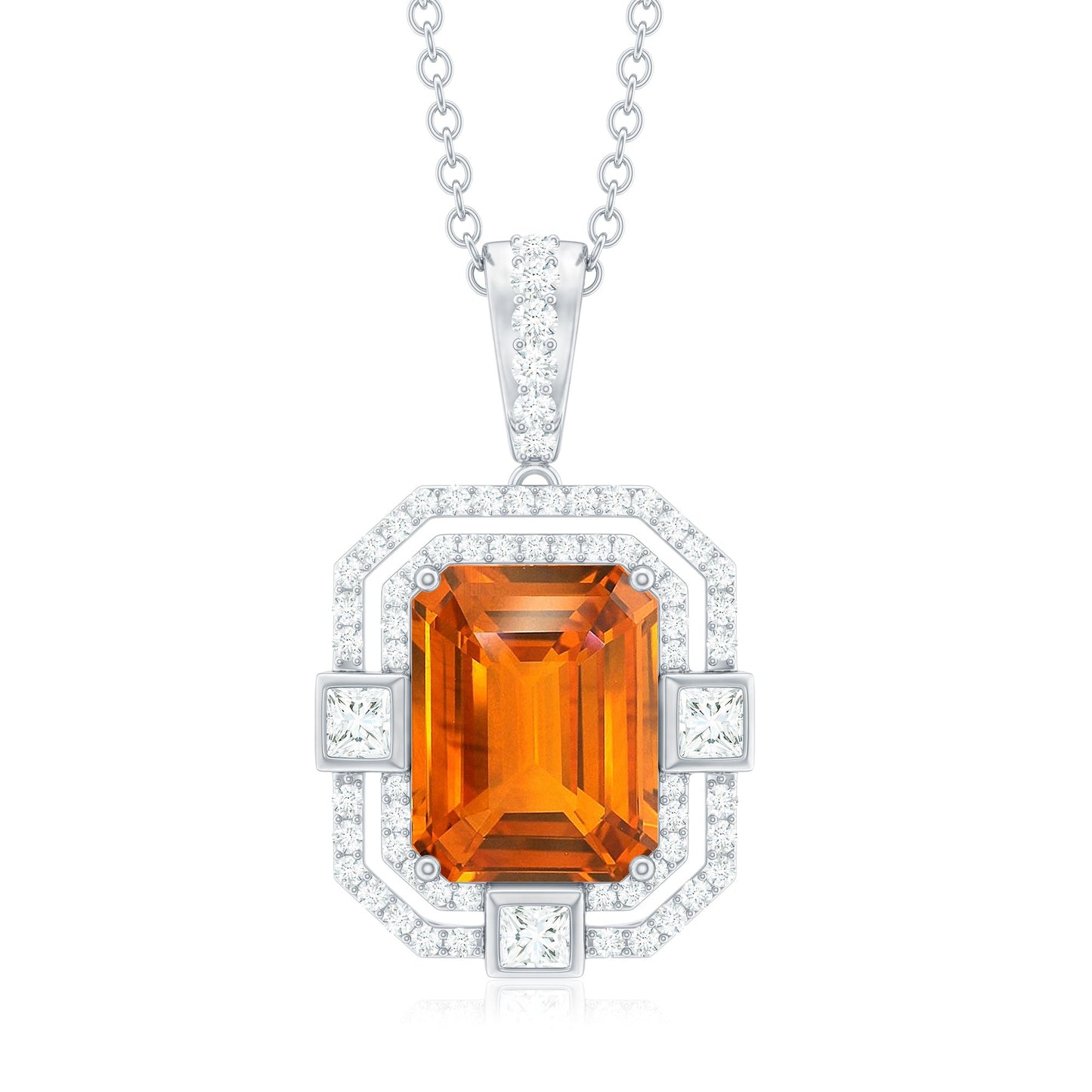 Vintage Inspired 2.7 Carat Emerald Cut Created Orange Sapphire Wedding Necklace