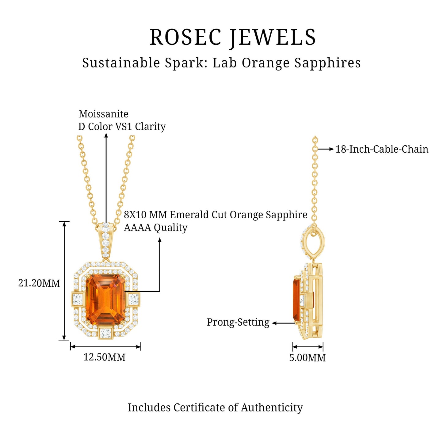 Vintage Inspired 2.7 Carat Emerald Cut Created Orange Sapphire Wedding Necklace