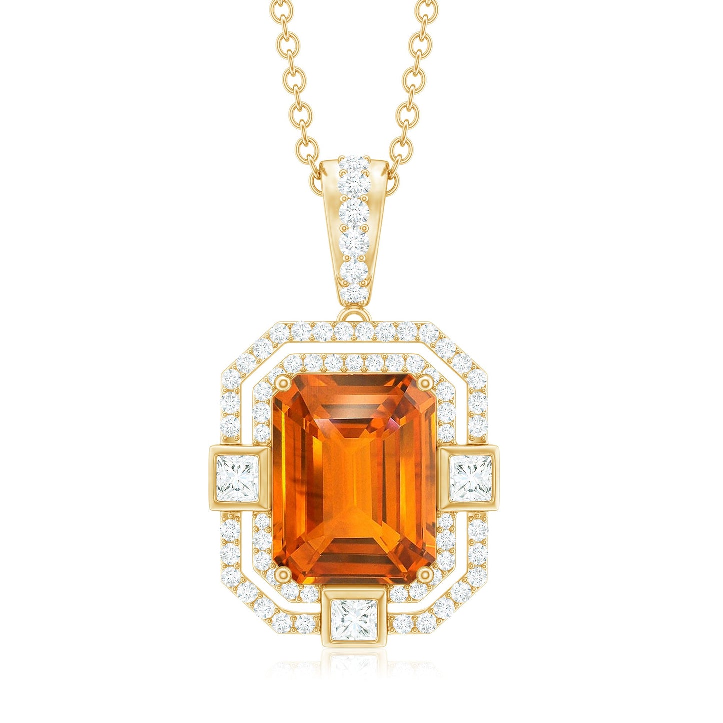 Vintage Inspired 2.7 Carat Emerald Cut Created Orange Sapphire Wedding Necklace