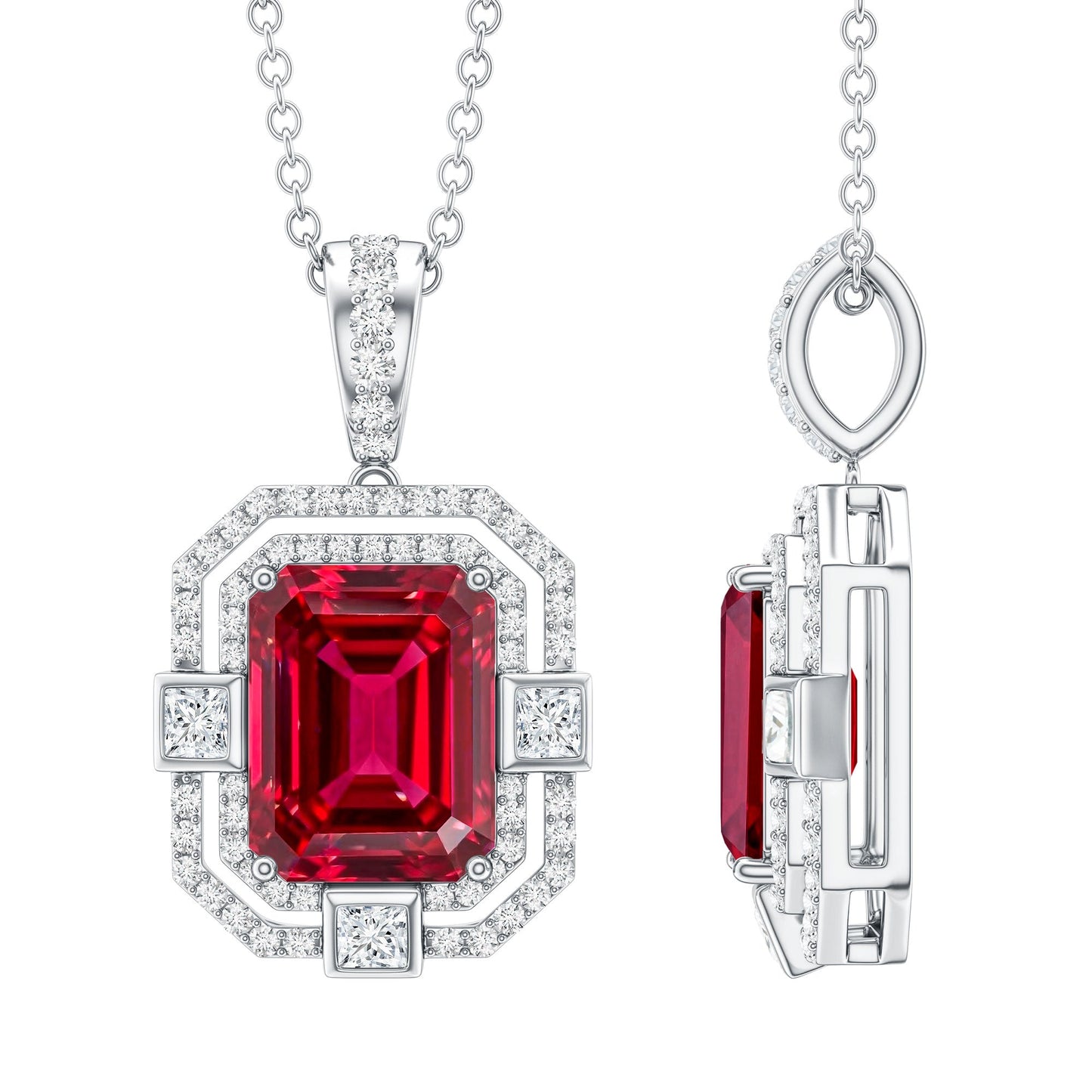 Vintage Inspired Lab Created Ruby Emerald Cut Necklace with Certificate