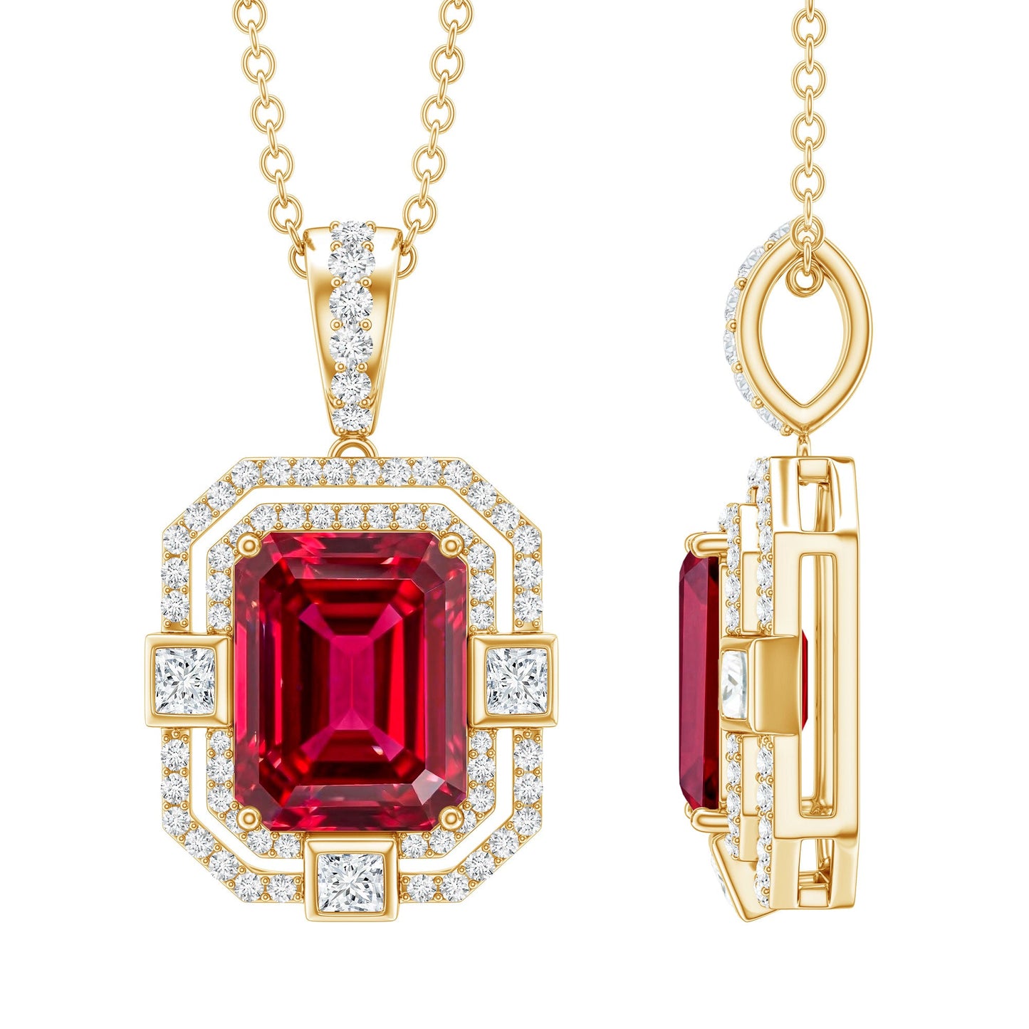 Vintage Inspired Lab Created Ruby Emerald Cut Necklace with Certificate