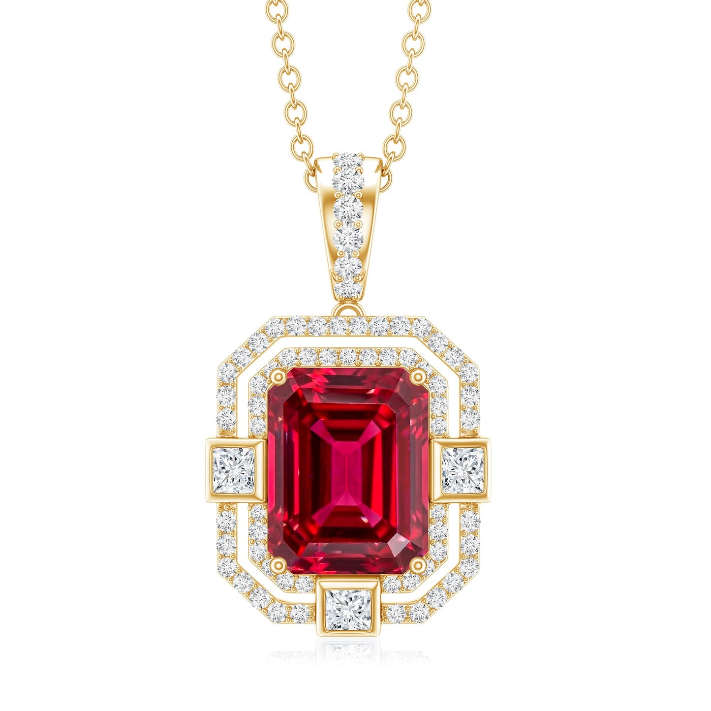 Vintage Inspired Lab Created Ruby Emerald Cut Necklace with Certificate