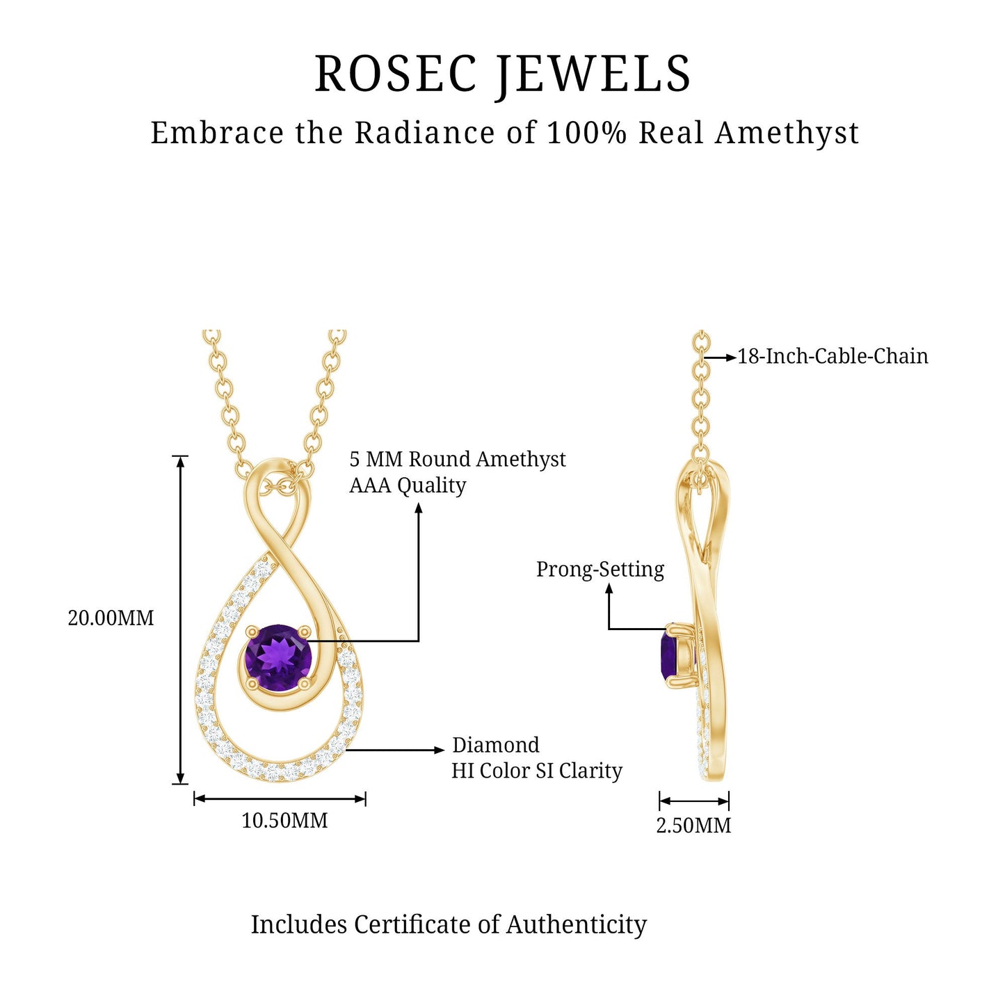 Natural Amethyst Infinity Pendant Necklace with Diamond