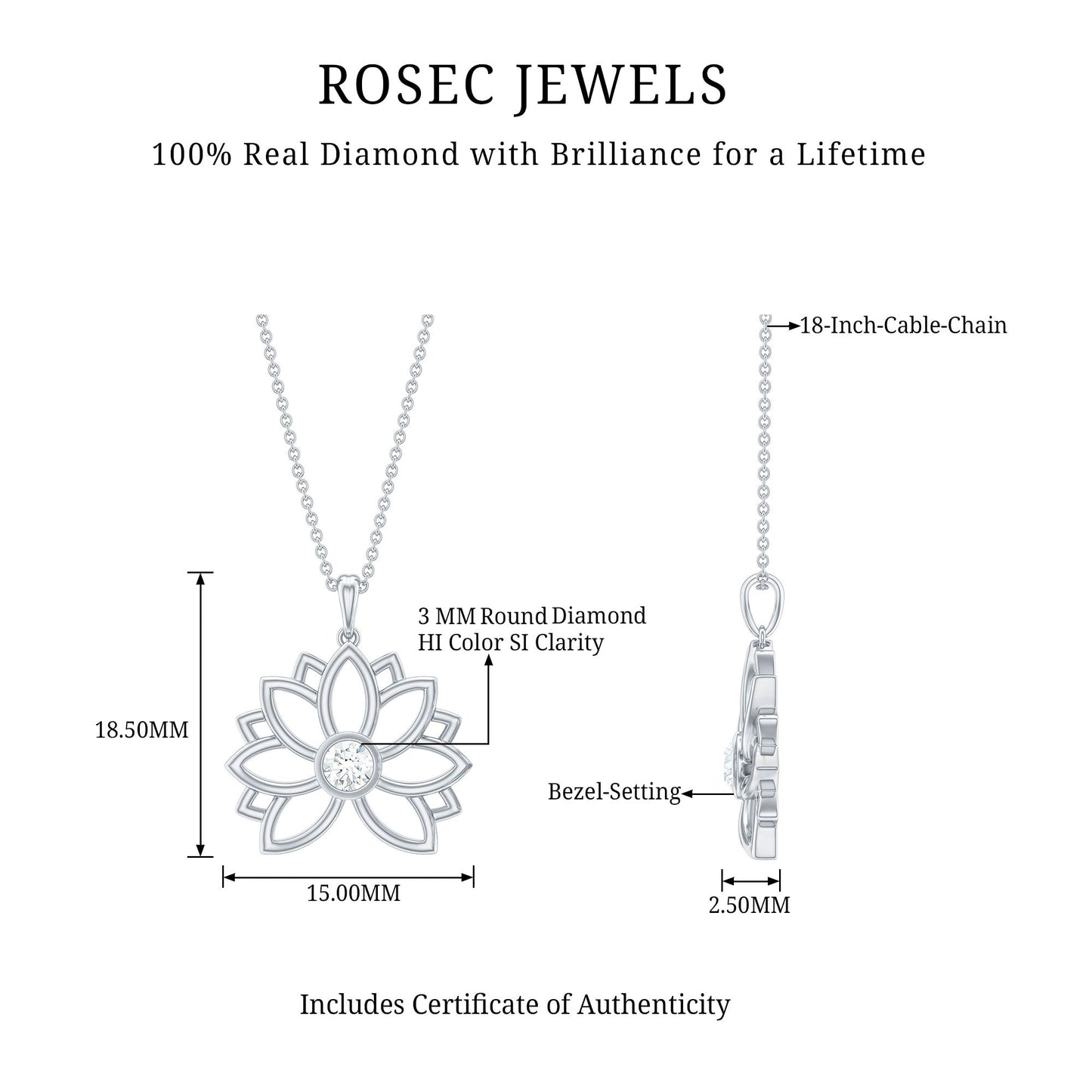 Natural Diamond Lotus Flower Pendant Necklace for Women