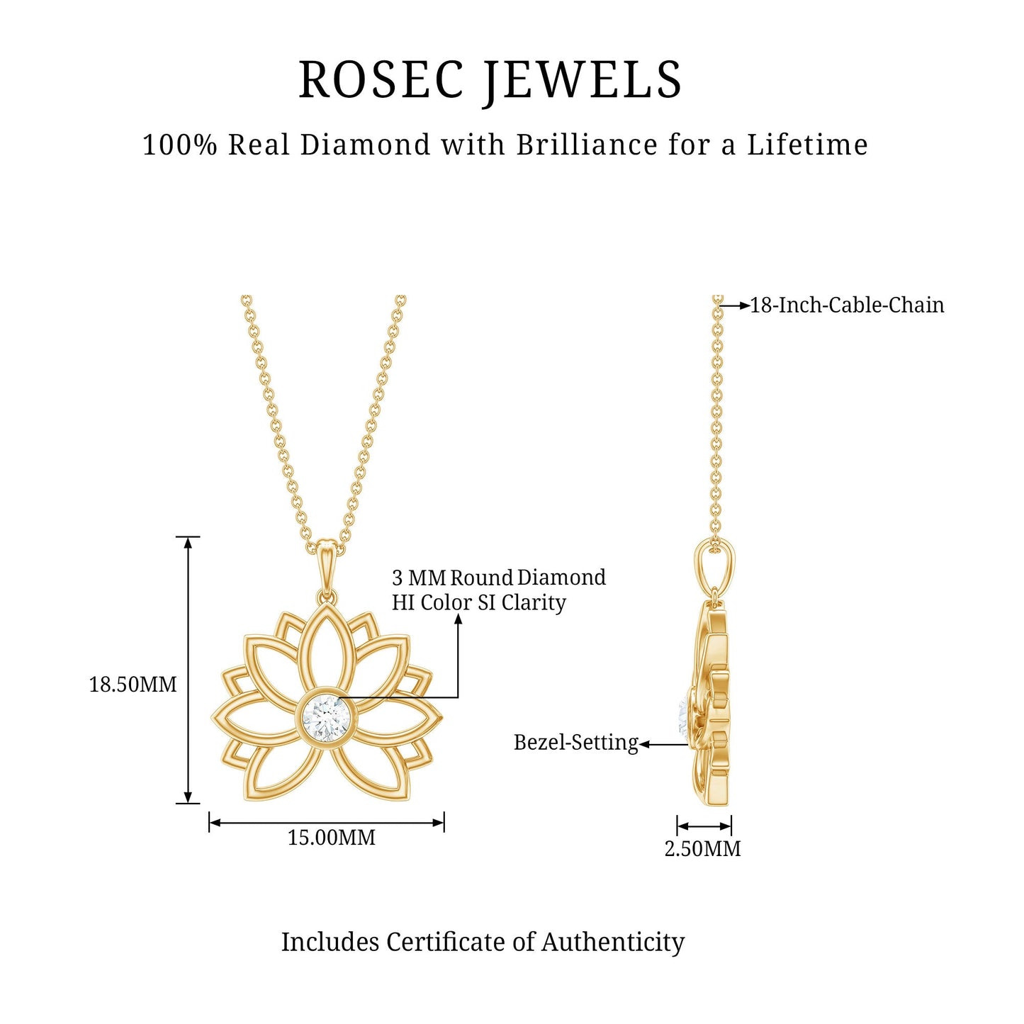 Natural Diamond Lotus Flower Pendant Necklace for Women