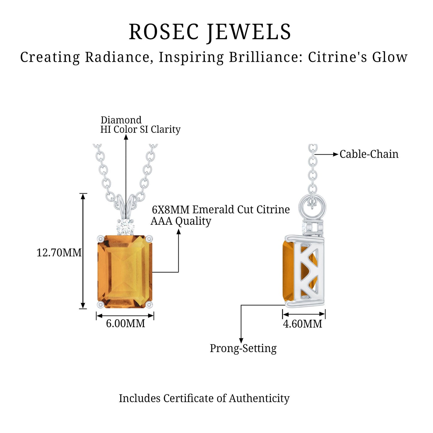 Natural Emerald Cut 1.8 Carat Citrine Pendant Necklace with Diamond