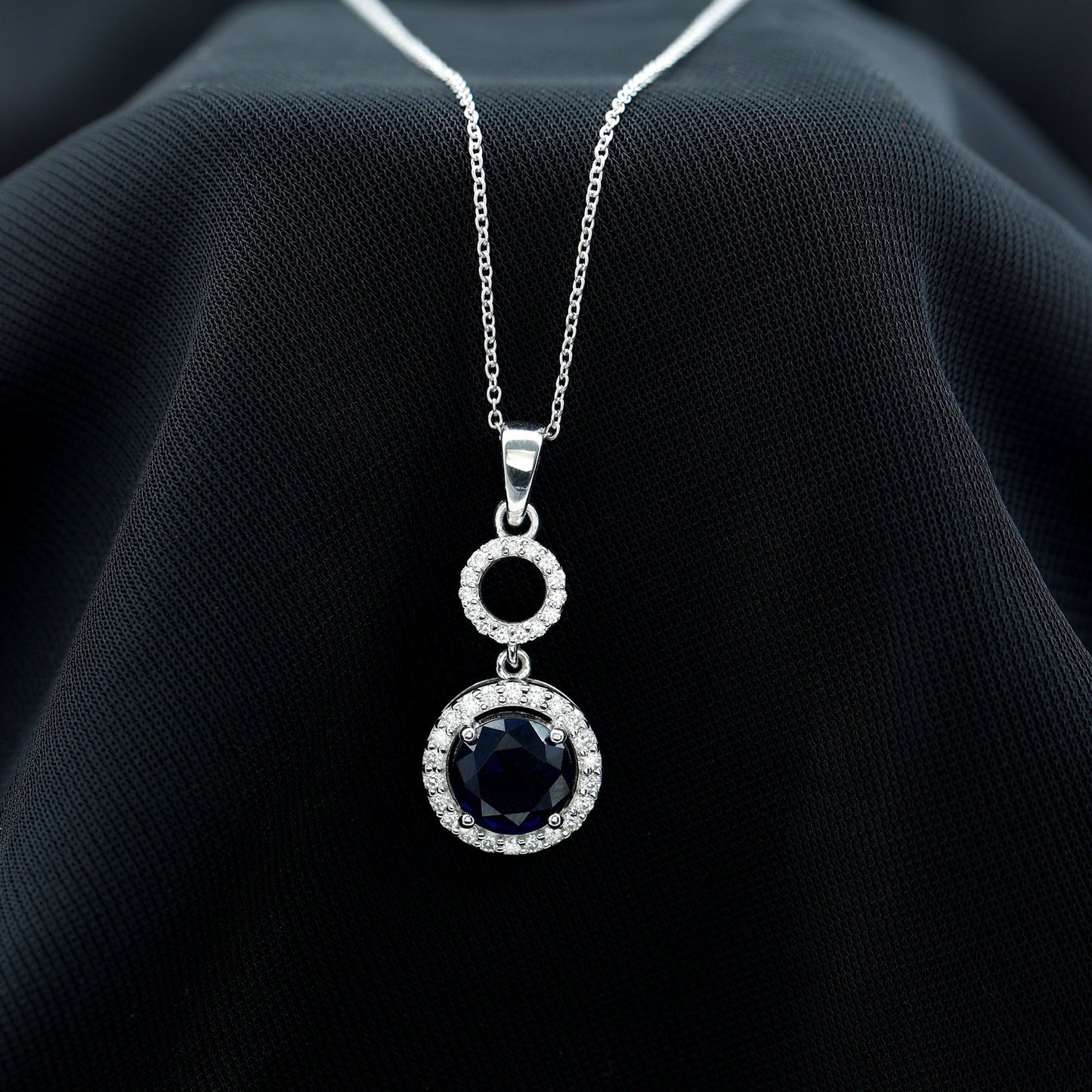 Lab Grown Blue Sapphire Halo Pendant with Moissanite