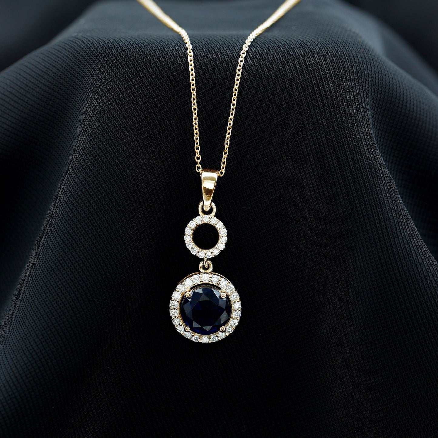 Lab Grown Blue Sapphire Halo Pendant with Moissanite