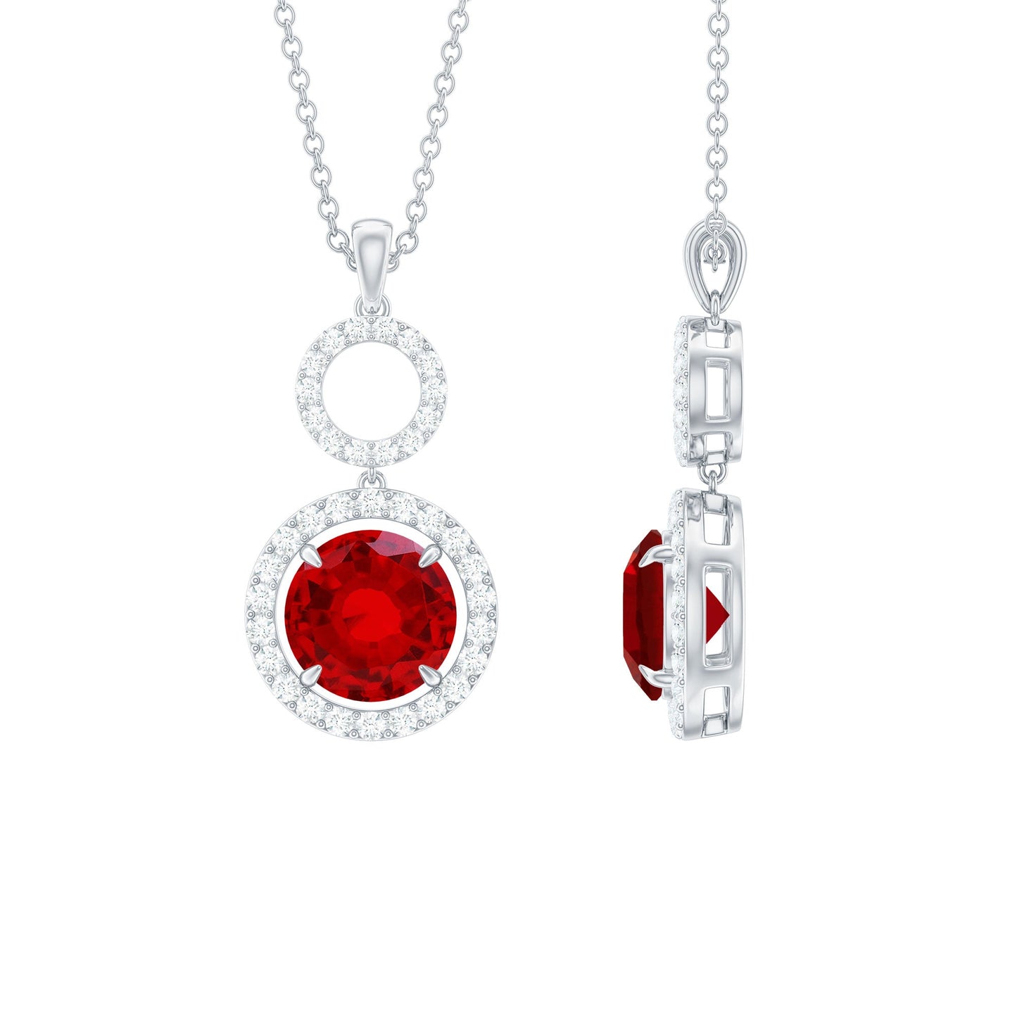 Lab Grown Ruby and Diamond Halo Dangle Pendant Necklace
