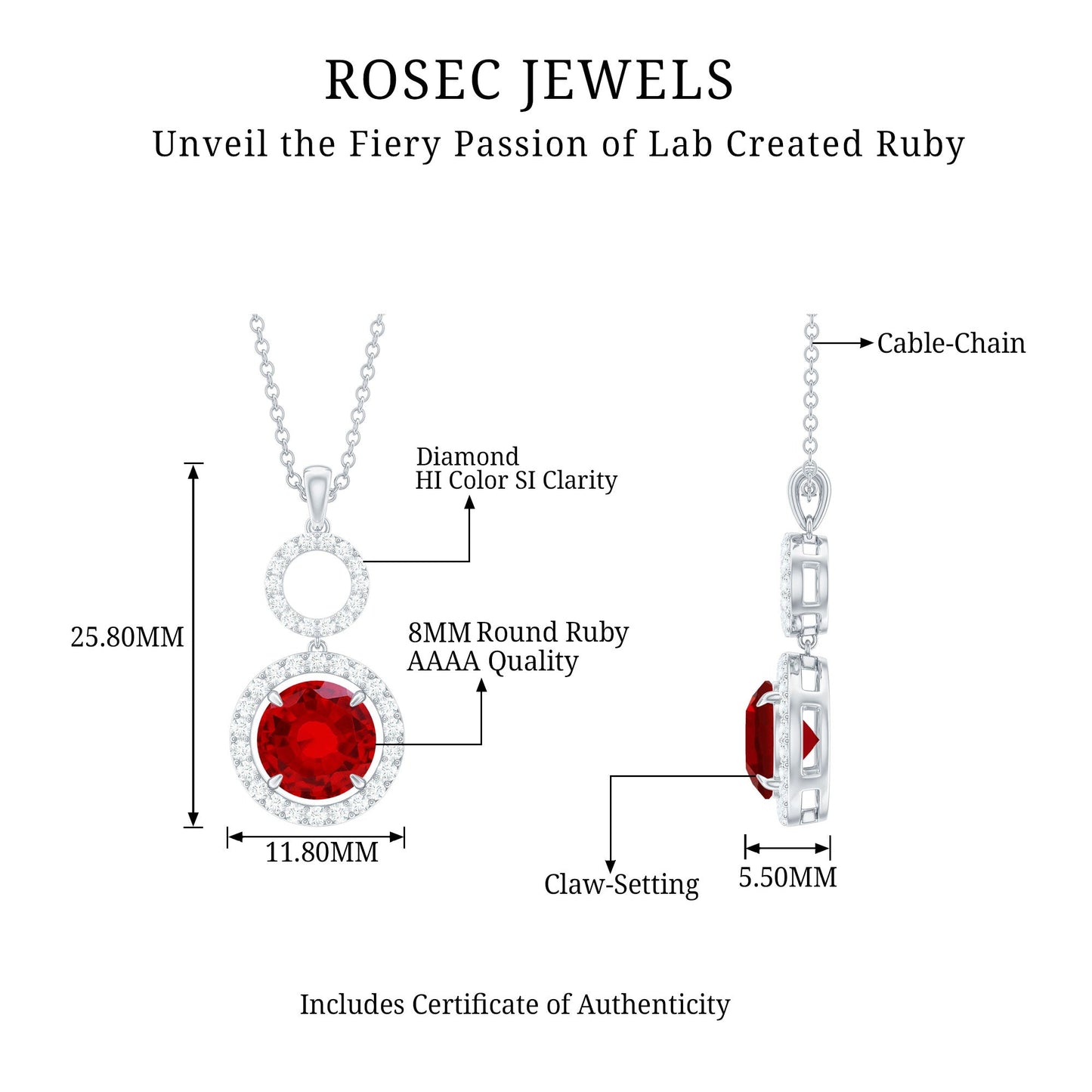 Lab Grown Ruby and Diamond Halo Dangle Pendant Necklace